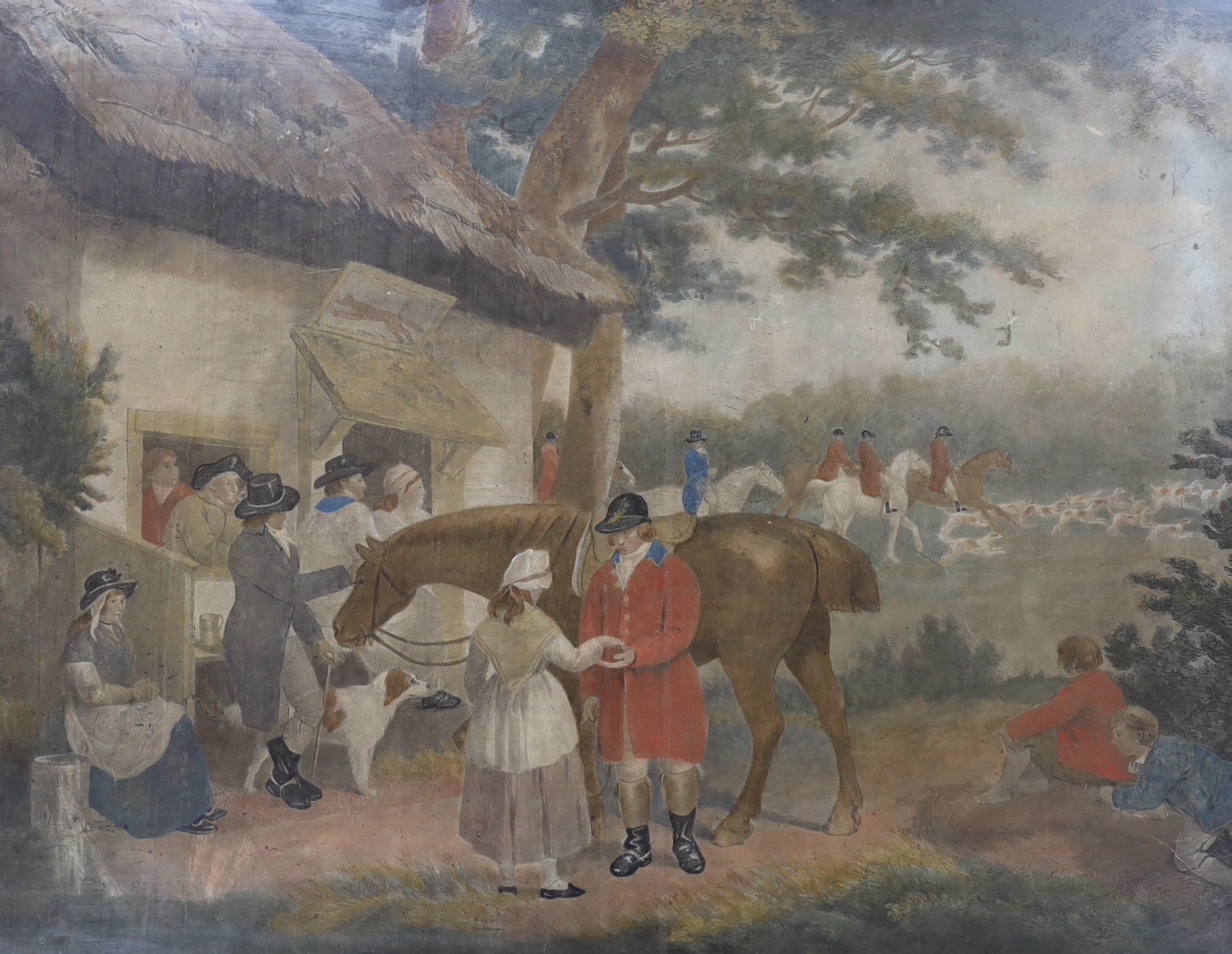 A set of three 19th century, hand coloured stipple engravings, huntsmen and hounds, 49 x 63cm